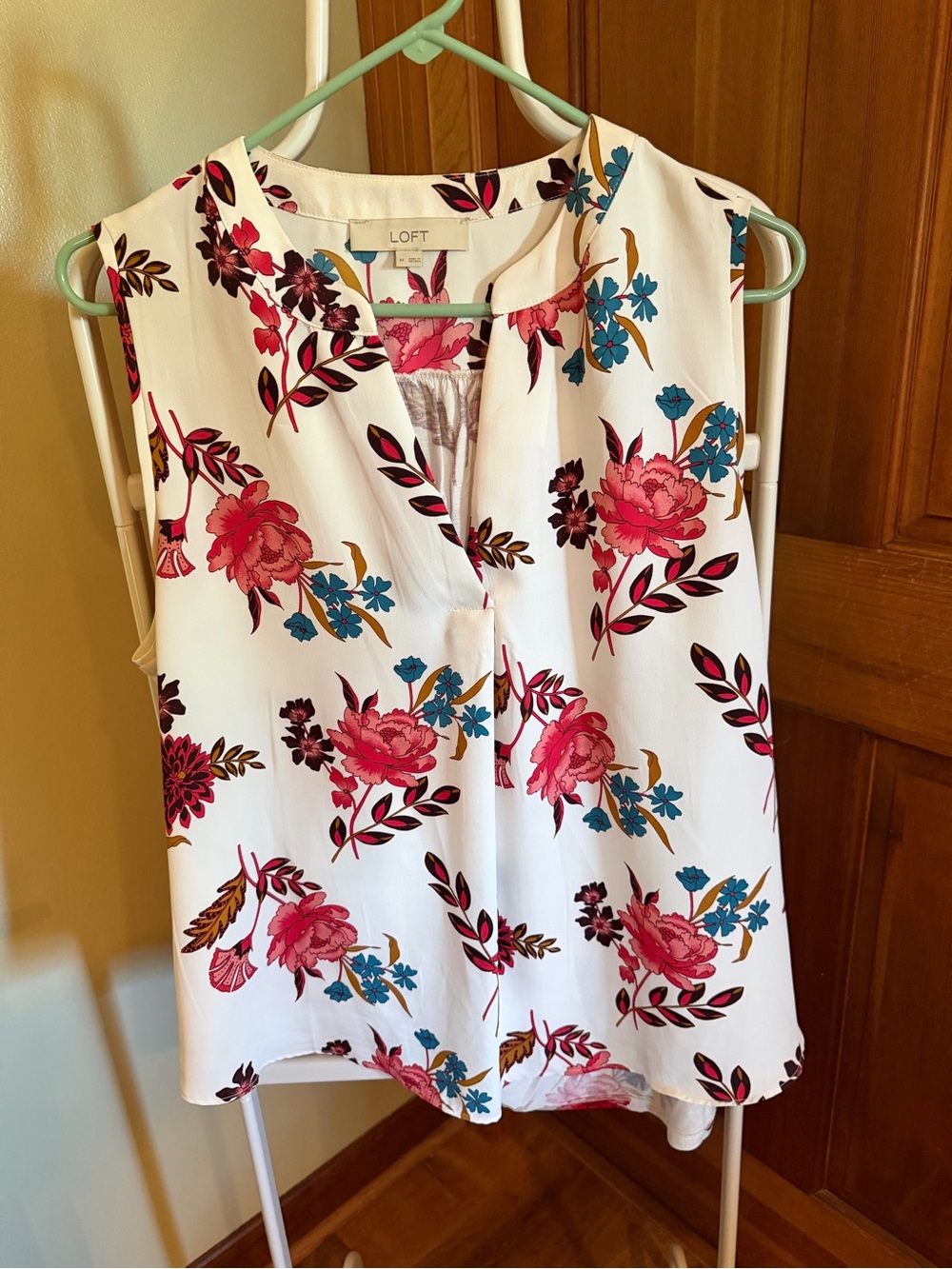 LOFT White Floral Sleeveless Top with Pink & Blue Print